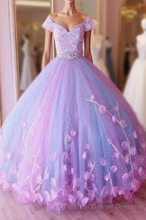 Princess Pink and Blue Ball Gown Semi Formal Prom Dresses with Flowers, Quinceanera Dresses